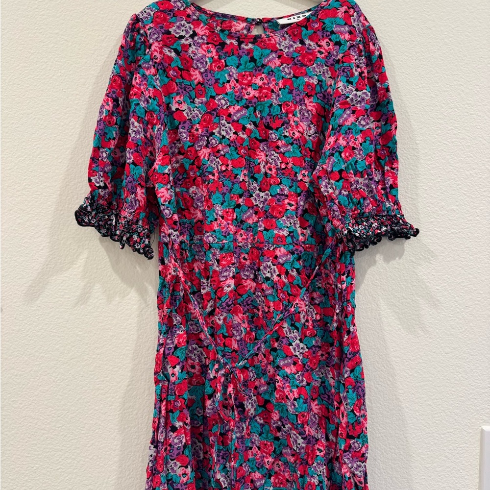 RIXO Floral Dress with Red and Green Accents